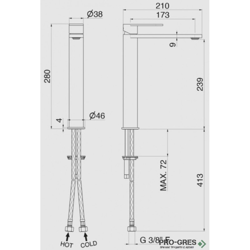 Висок смесител за мивка от неръждаема стомана, Vema, Ayas Steel, V28020.AC.005